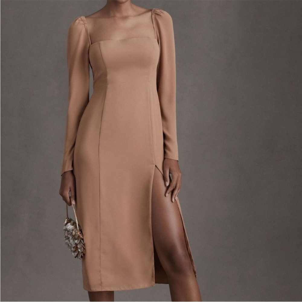 Women’s 6 BHLDN Kayleigh Georgette Long Sheer Sleeve Midi Dress‎ in Sienna